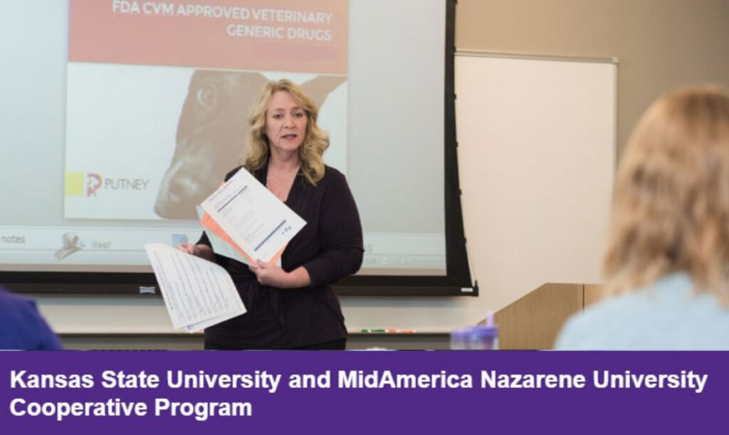 Kansas State University and MidAmerica Nazarene University Cooperative Program. Image features a professor giving a lecture in front of a classroom.