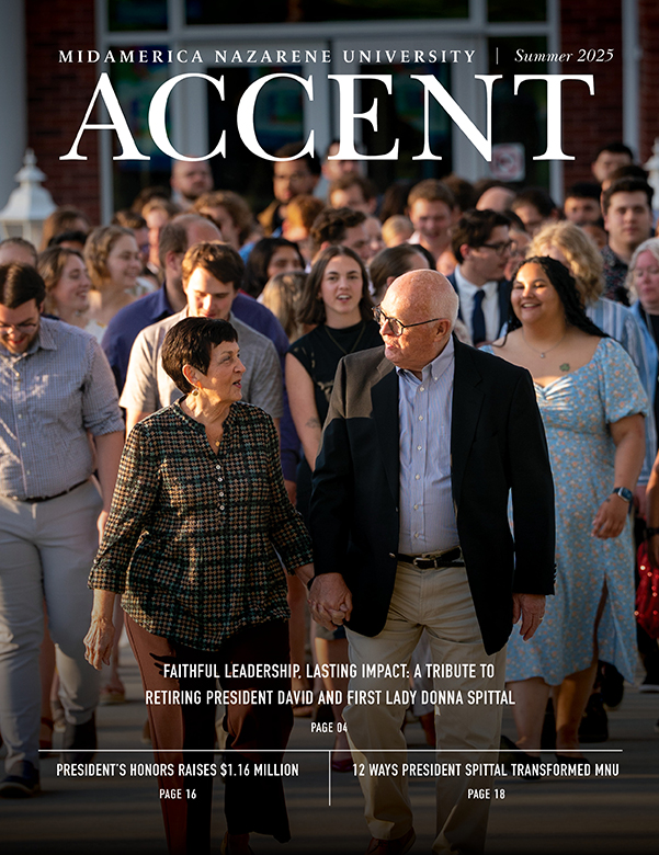 Accent Summer 2025 cover featuring Drs. David and Donna Spittal walking hand in hand with students behind them
