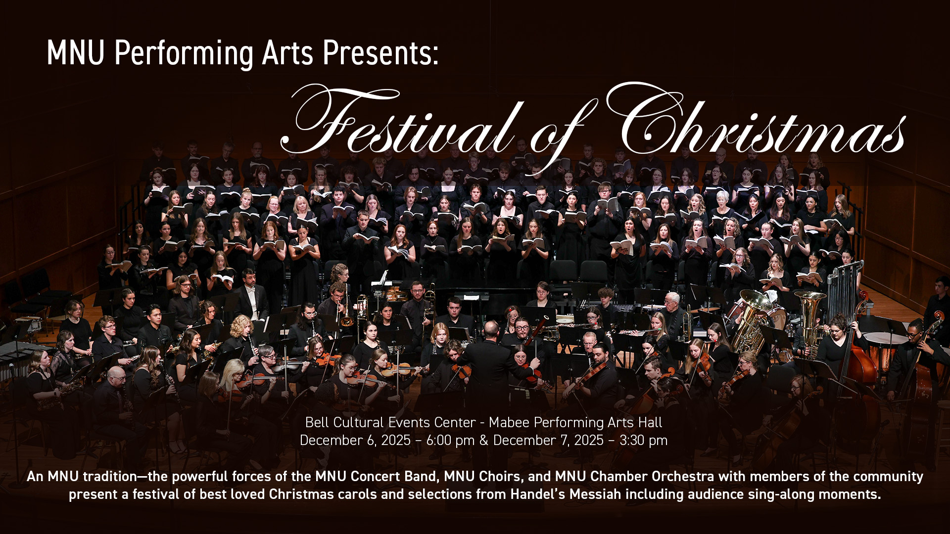 Choir, band, and orchestra performing on stage