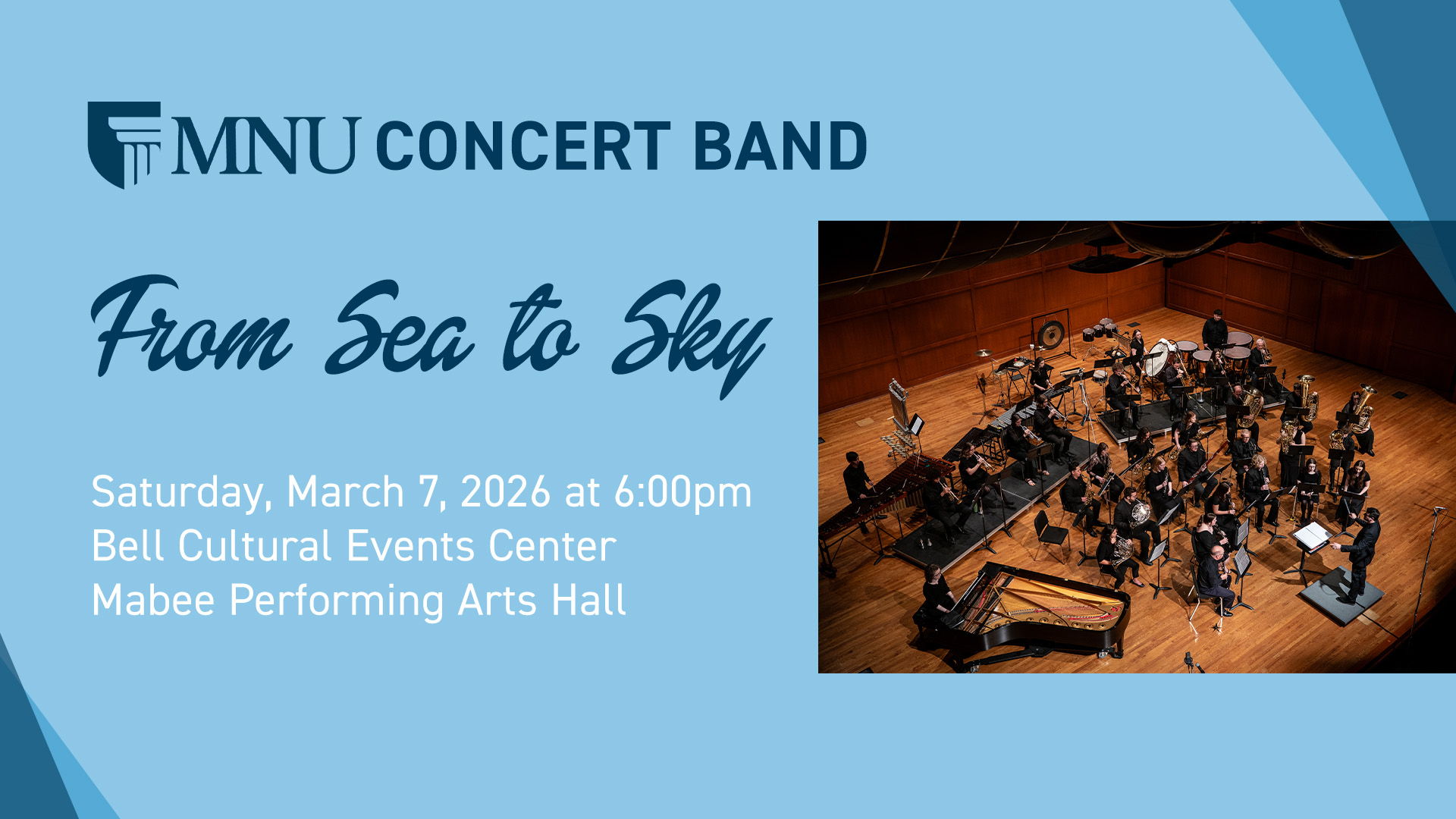 Band concert promo with aerial view of band