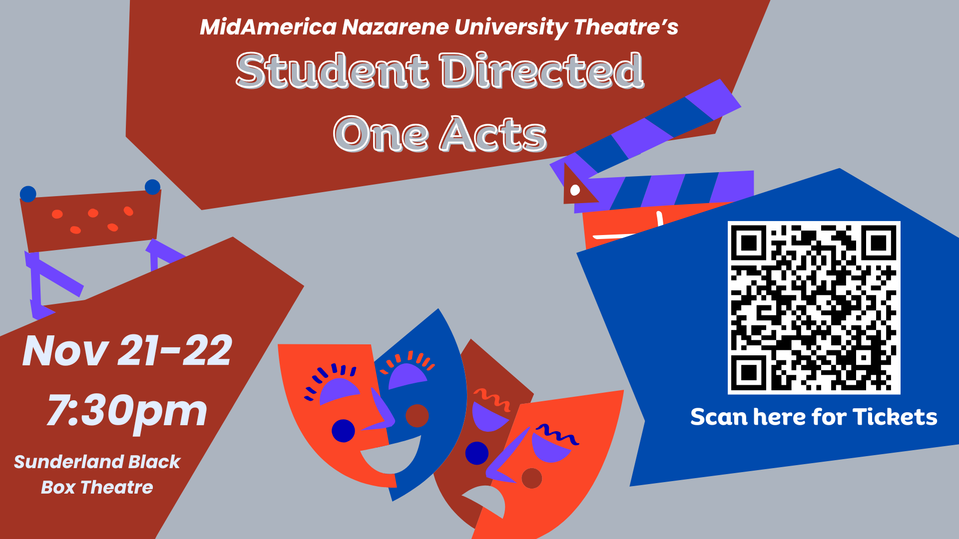 red and blue theatre masks for promotion