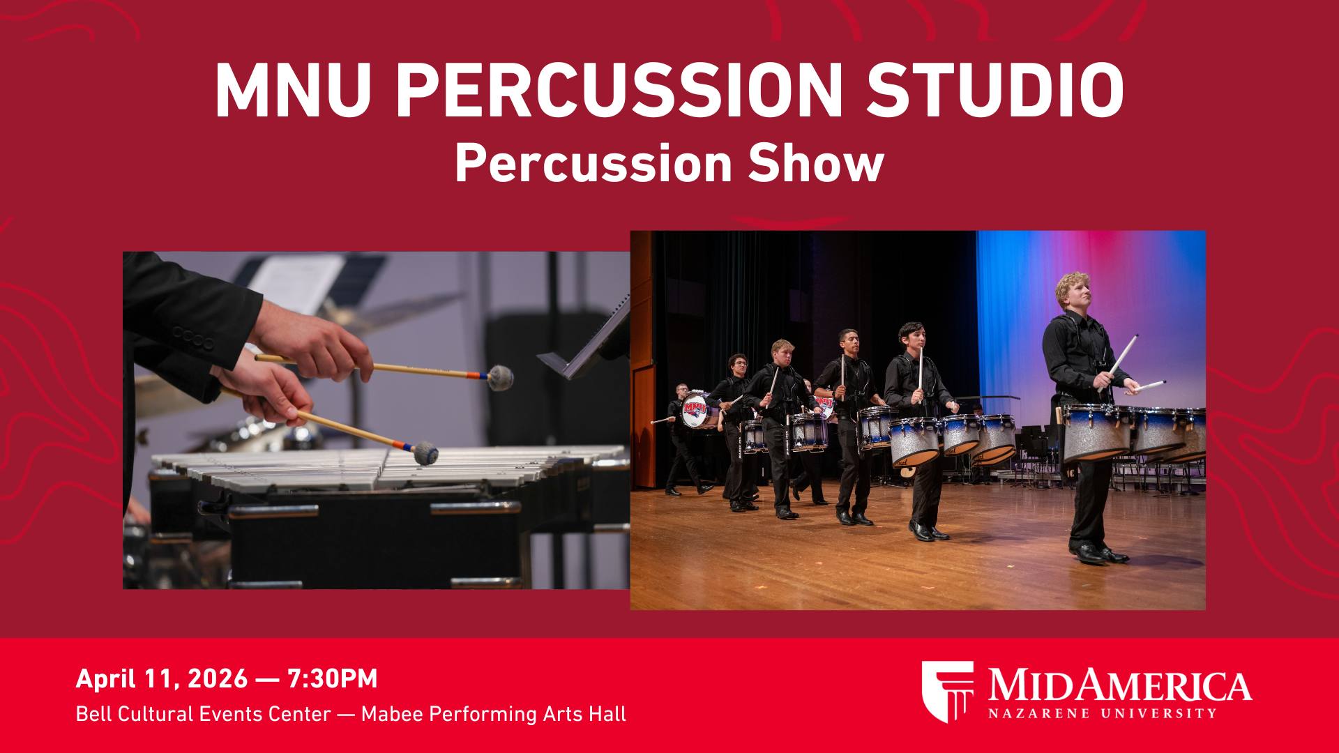 Vibraphone being played and drumline on a stage