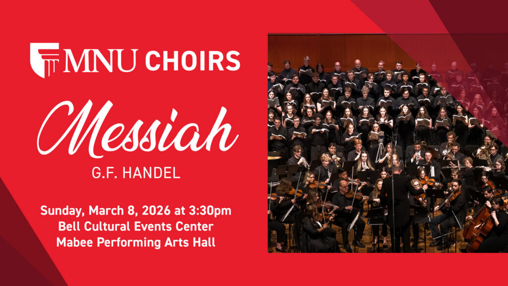 Red background and photo of choir performing