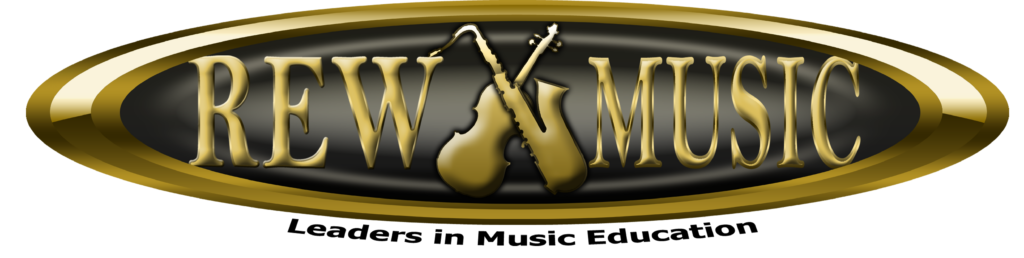 REW Music logo with string instrument and saxophone