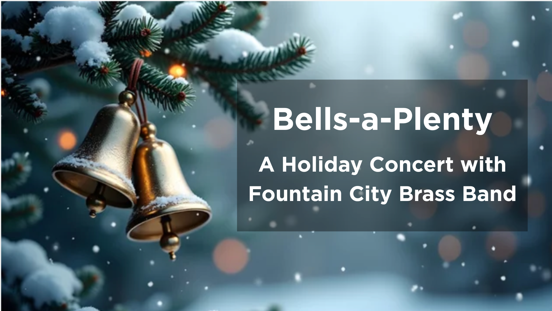 two gold bells hanging from a pine tree