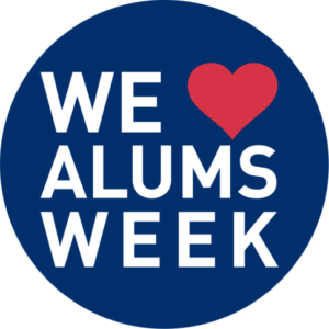 We Love Alums Week Logo - a blue circle with white letters and a red heart inside reading "We (heart symbol) Alums Week"