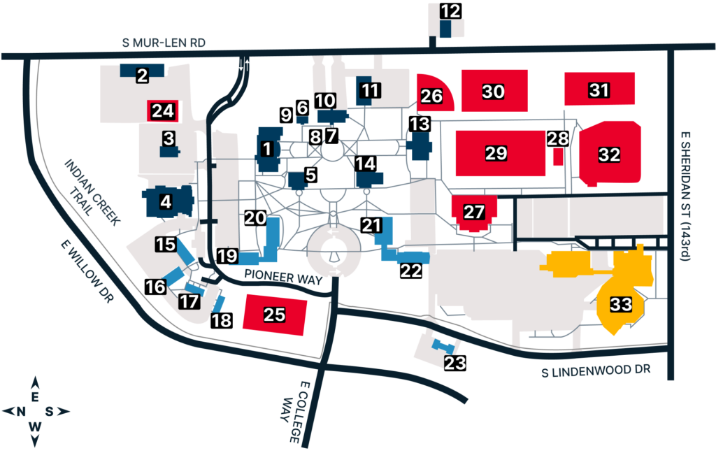 Map of MidAmerica Nazarene University main campus showing the locations of academic buildings, residence halls, athletic facilities, and campus landmarks. Buildings are numbered and correspond to the campus directory listed below.
