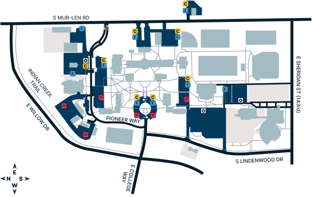 Parking map of MidAmerica Nazarene University showing designated parking areas for faculty and staff, commuters, residents, and open parking across campus.