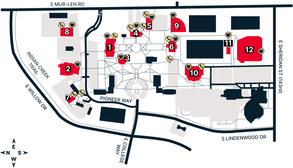Campus safety map of MidAmerica Nazarene University showing locations of automated external defibrillators (AEDs) and emergency phones across campus. Refer to the safety directory below for specific locations and details.