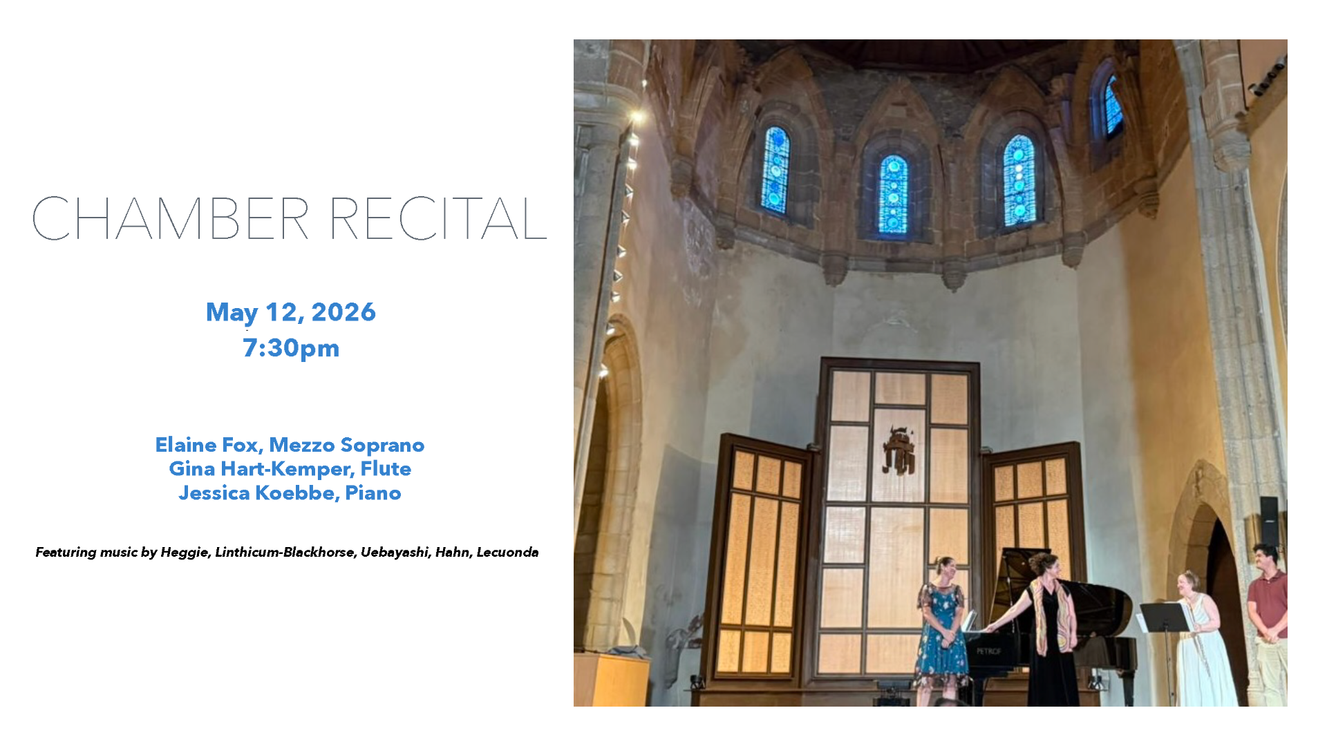 Musical Hall with tall ceilings and stained glass windows. Piano with performers.