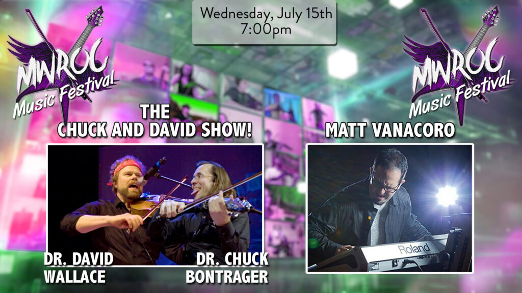 Musicians Chuck Bontrager and David Wallace playing string instruments. Matt Vanacoro on keys is also featured