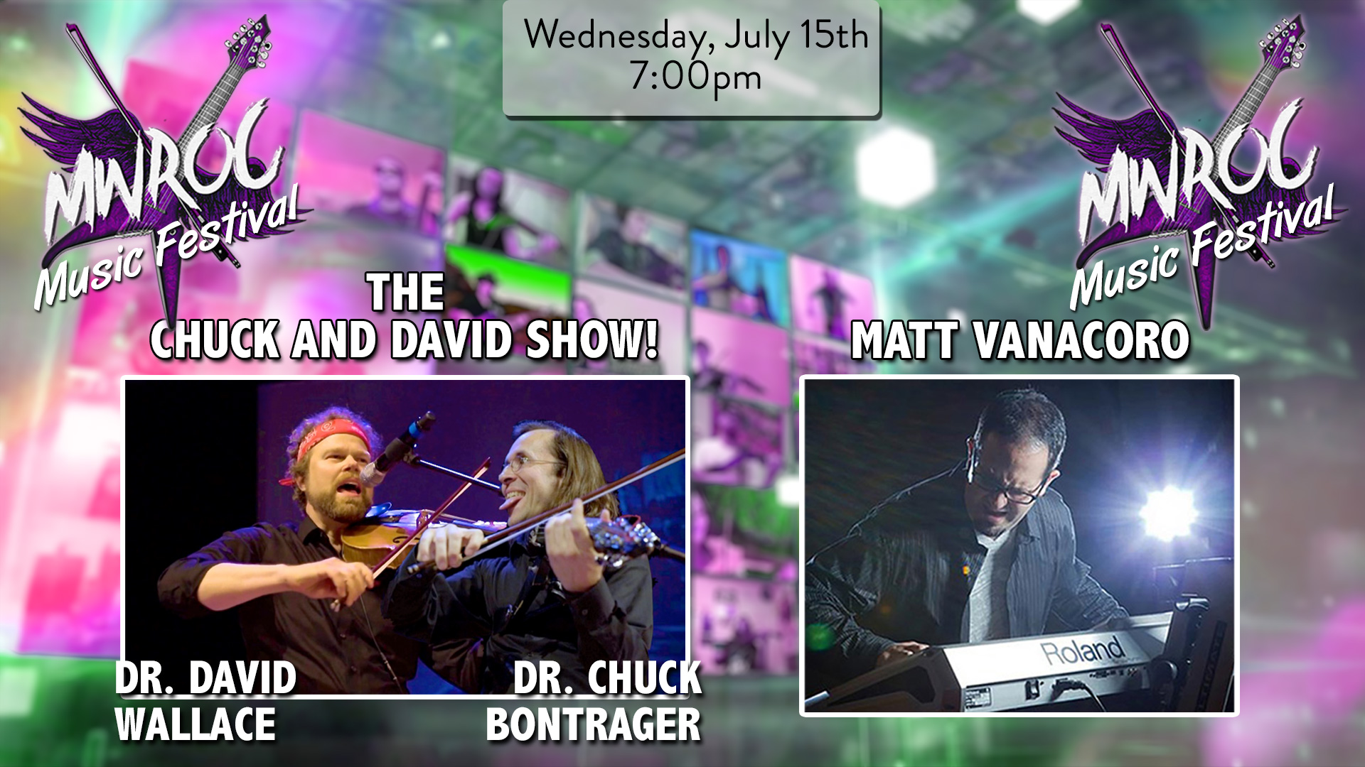 Musicians Chuck Bontrager and David Wallace playing string instruments. Matt Vanacoro on keys is also featured