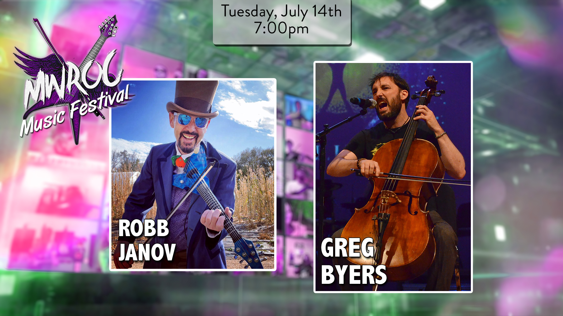 Musicians Greg Byers and Robb Janov playing string instruments