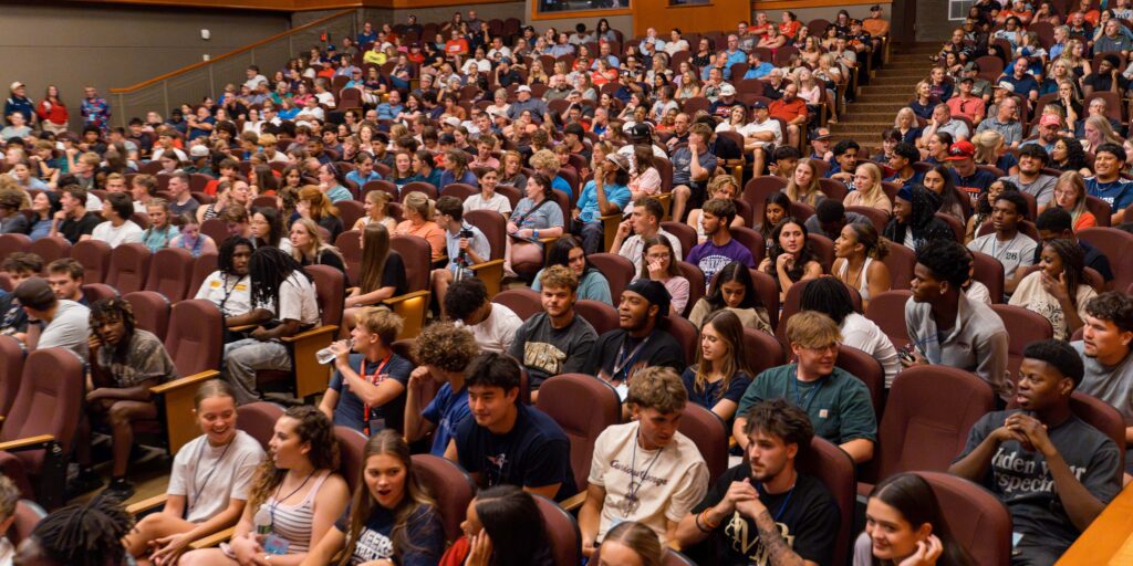 Bell Performing Arts hall is packed with new students and families for orientation