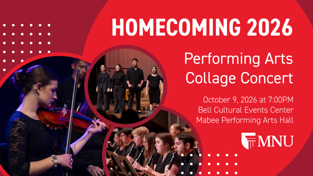 Collage concert promotion, featuring a violinist, vocal music ensemble, and a band