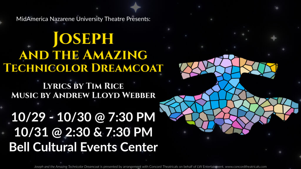 Joseph and the Amazing Technicolor Dreamcoat promo, black background with yellow text and a mosaic dreamcoat with many colors