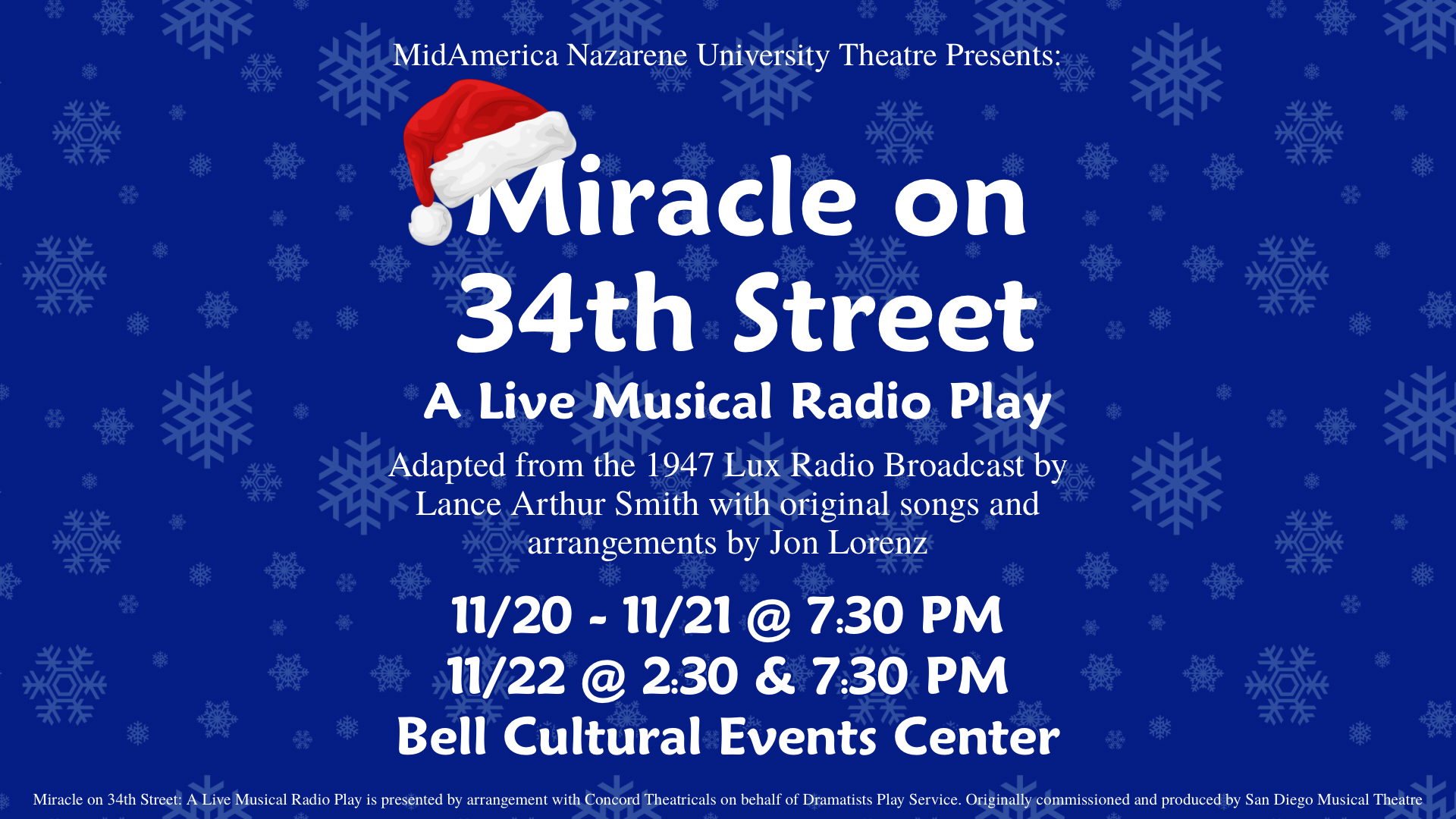 Miracle on 34th Street promo with a blue background with snowflakes and a Santa hat.